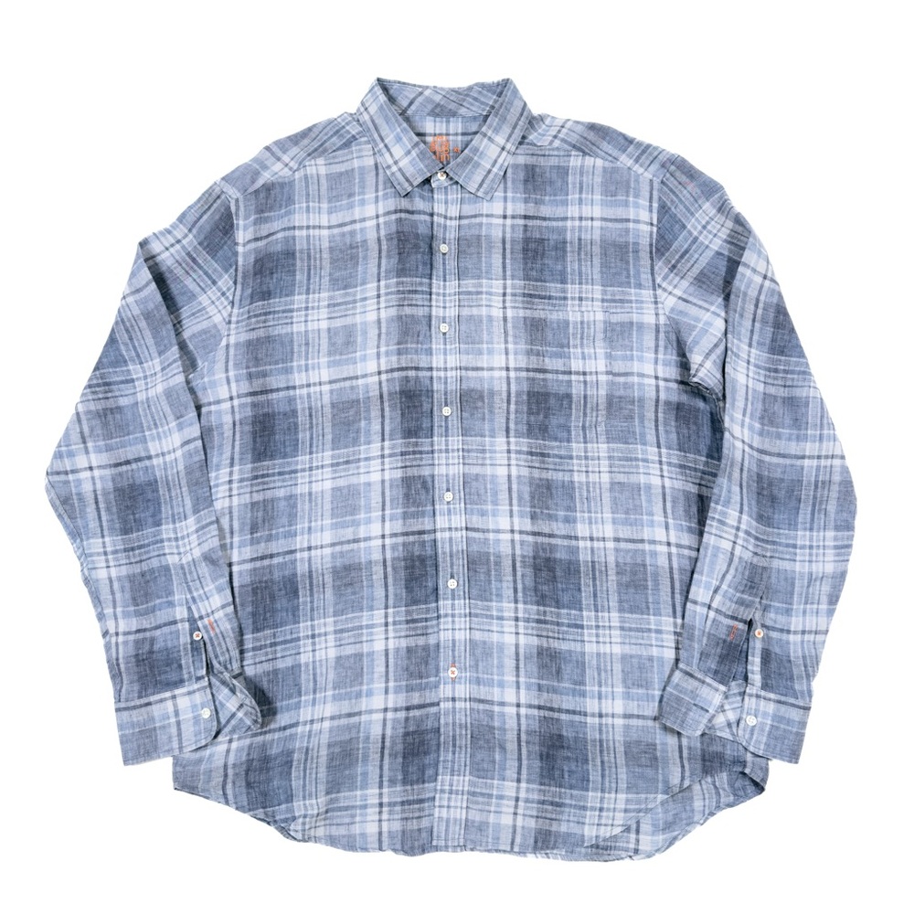 J.McLaughlin Shirt Men’s XL Linen Button Up Long Sleeve Casual Blue Plaid